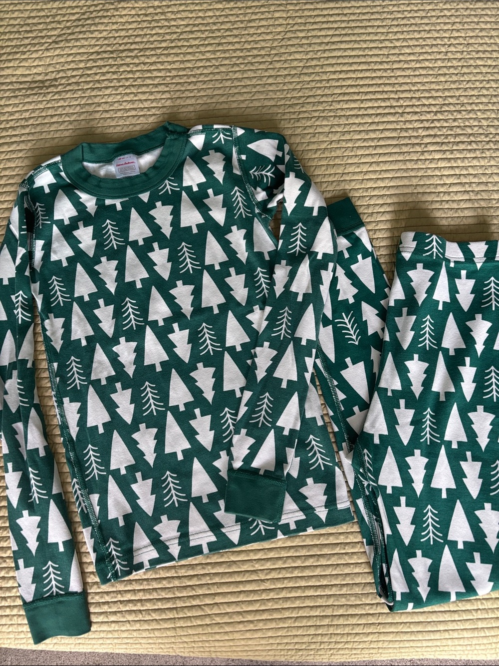 Hanna Andersson Green and Cream Tree-Print Kids Pajama Set